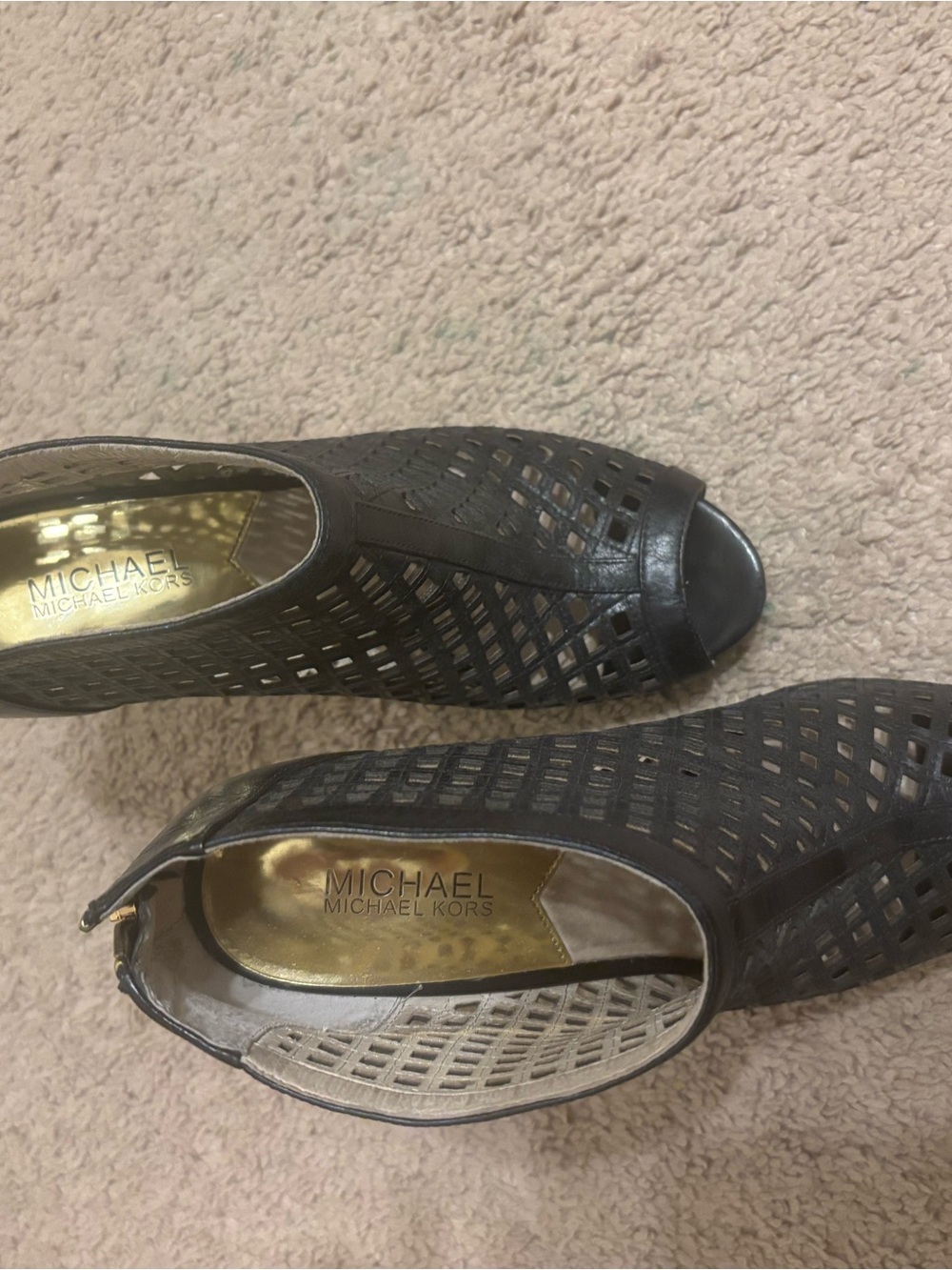 MICHAEL Michael Kors Black Perforated Peep-Toe Booties with Gold Insole